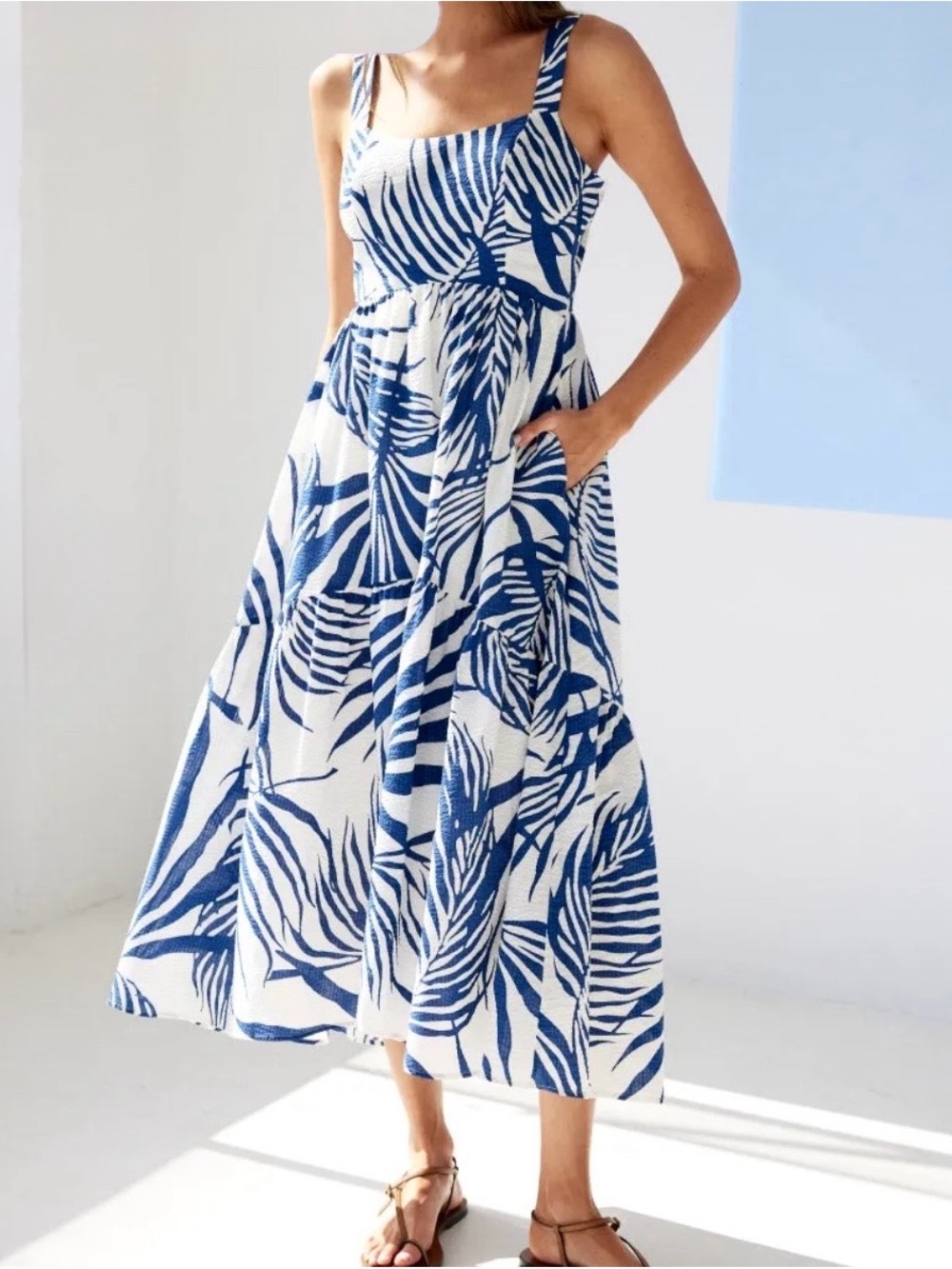 AYR Sleeveless Crinkle Cotton Tiered Magic Moment Dress Beach Palapa Print XL